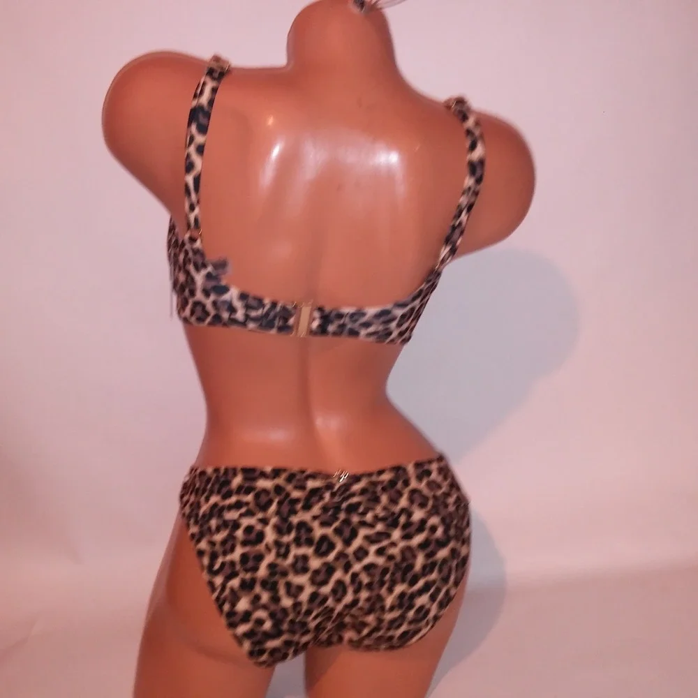 Victoria Secret Swim Bikini 34DD Top Small Bottom Push Up Black Brown Leopard